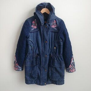 Desigual cotton denim embroidered parka style jacket blue quilted sleeves 10